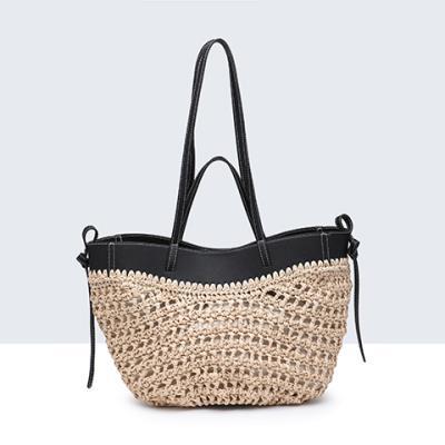 bolso cesto rafia contraste doble asa