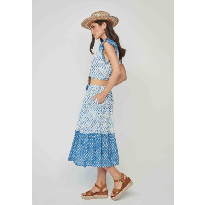 vestido estampado largo midi azul blanco dandara