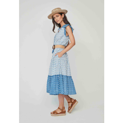 vestido estampado largo midi azul blanco dandara