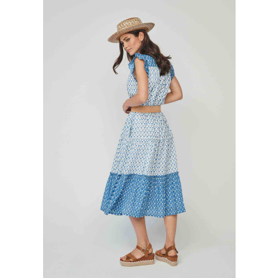 vestido estampado largo midi azul blanco dandara